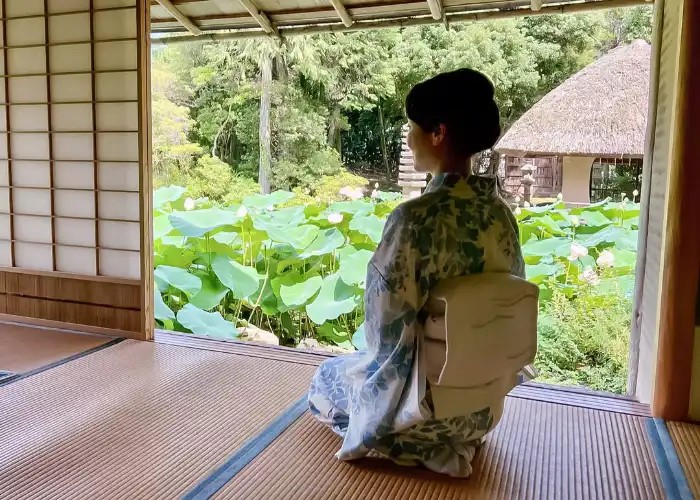 The host of a Japanese tea ceremony experience, looking out over the Japanese garden in their kimono.
